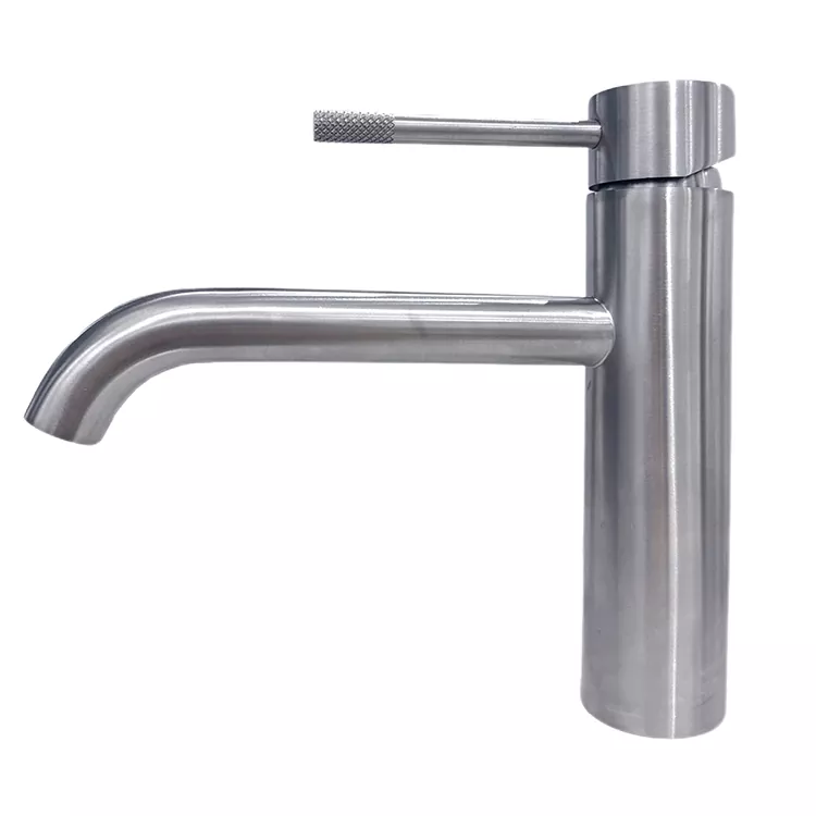 Grifo de lavabo quente e frío con mango estriado de caño curvo estendido