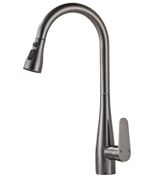 Grifo de colo de cisne de arco alto gris metalizado para cociña quente e fría