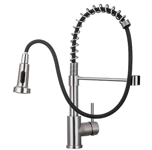 Grifo para fregadero de cociña quente e frío extraíble con tubo de resorte de curva alta
