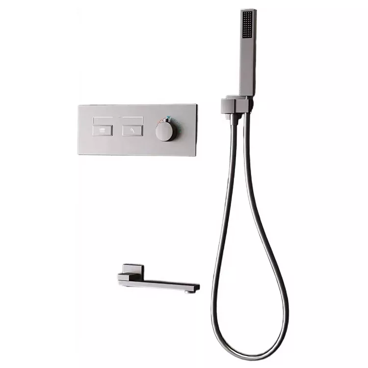 Cabezal de ducha minimalista de dobre saída de metal oscuro